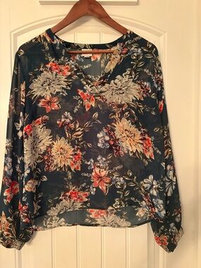 A New Day Floral Sheer Blouse | Long Sleeve Navy Multi | Size M